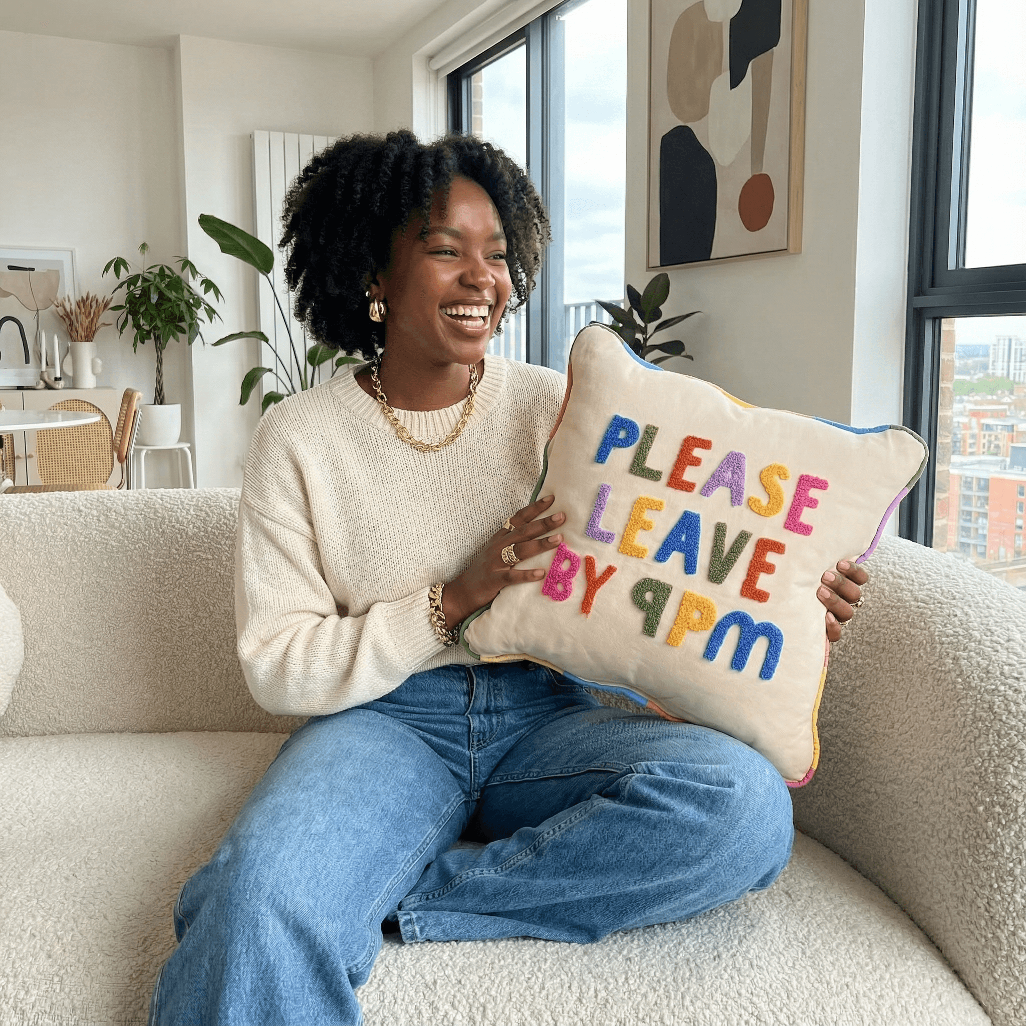 “Please Leave By 9pm” Embroidered Cushion – Raspberry Blossom