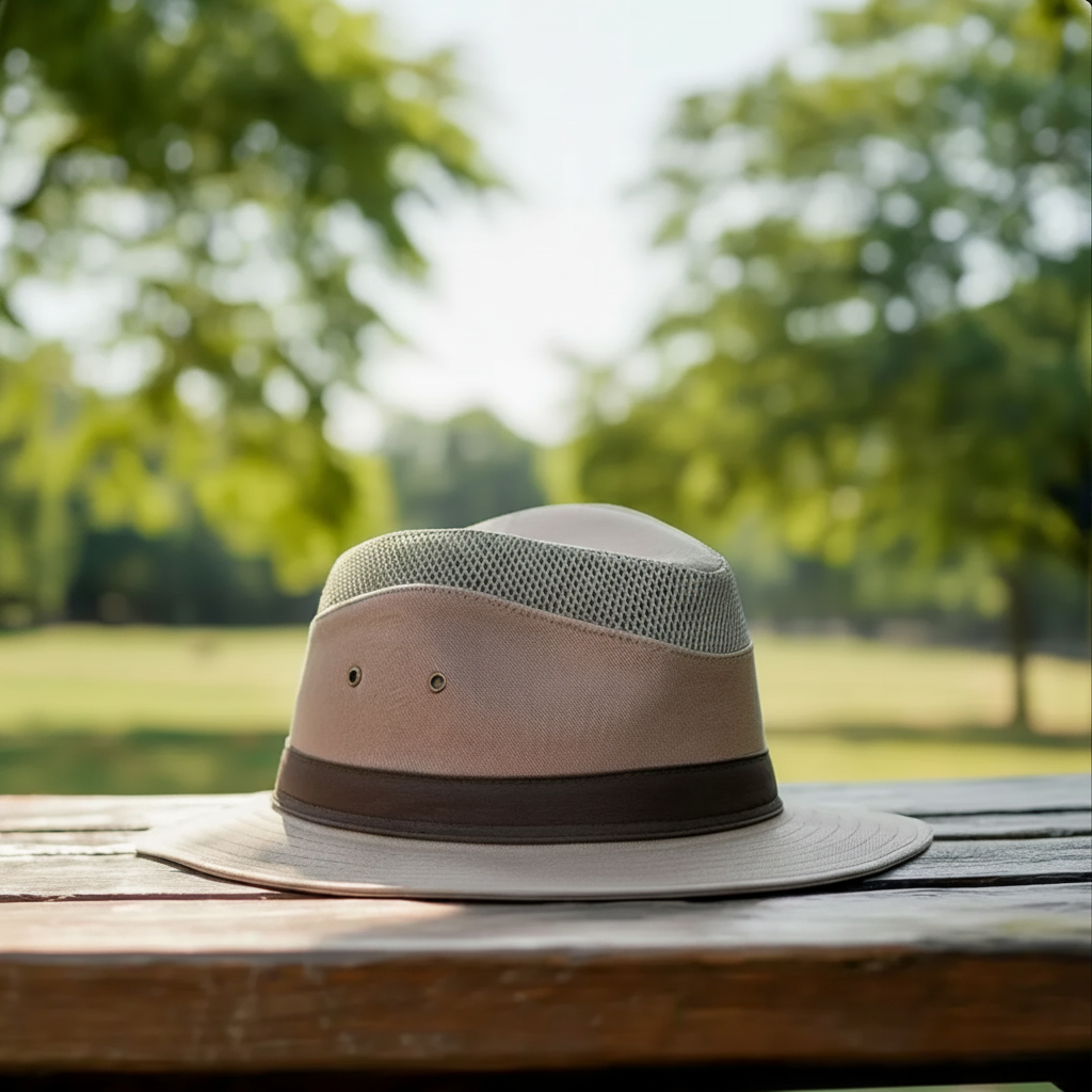 Hat on a wooden surface with a blurred natural background