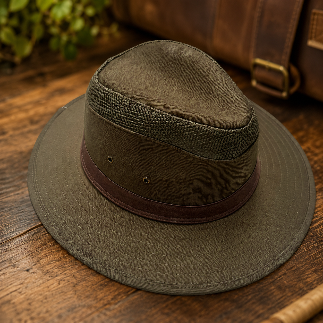 Brown hat with a leather band on a wooden surface