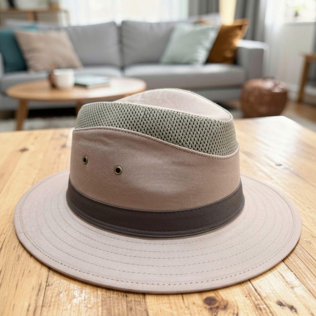 Beige hat with mesh design on a wooden surface in a living room setting
