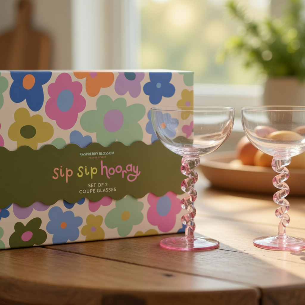 Set of two pink spiral stem coupe glasses with a colorful floral box labeled 'sip sip hoagy' on a wooden surface.