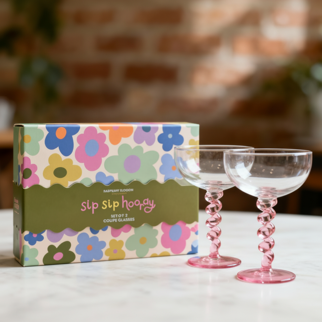 Floral-patterned box with 'sip sip hoagy' branding next to a pink glass on a white surface.