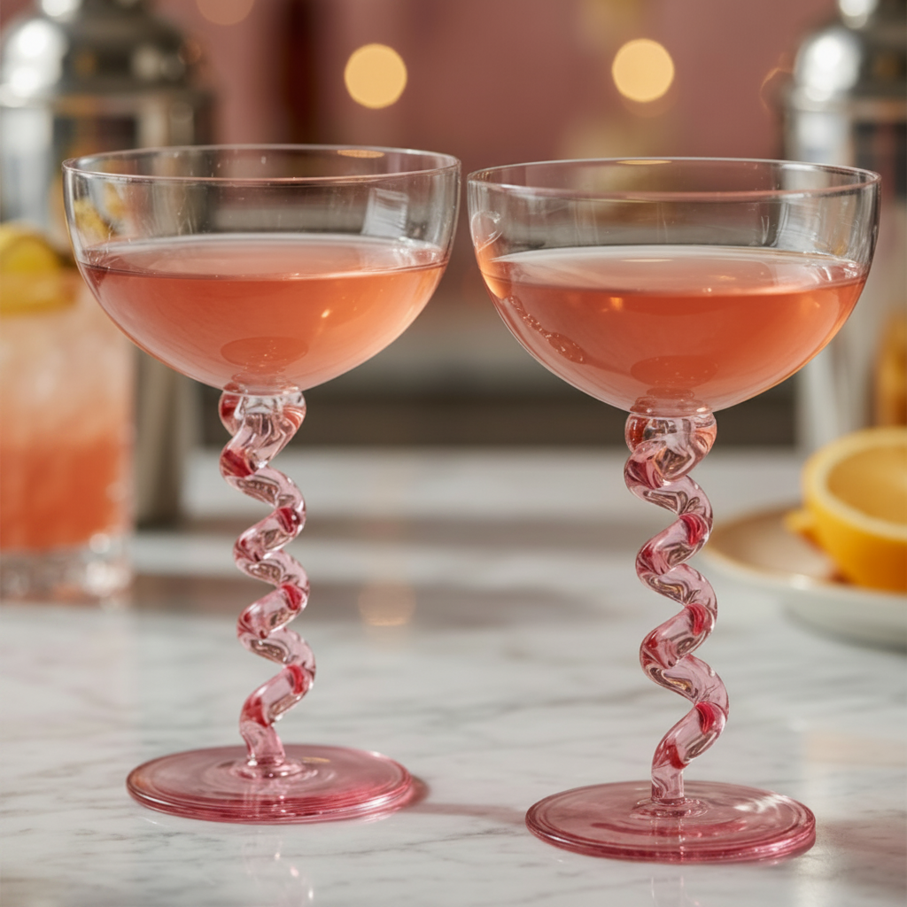 Two pink cocktails in glasses with spiral stems on a marble surface.