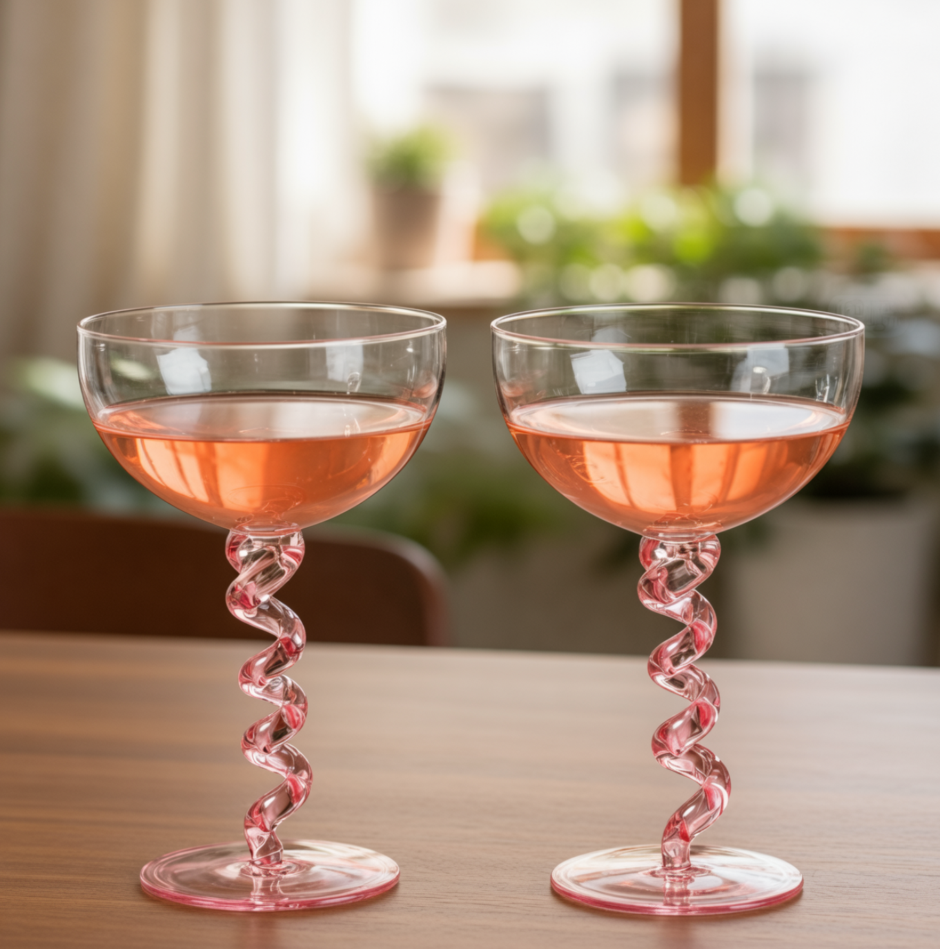 Two spiral-stemmed glasses filled with a pinkish drink on a wooden table.