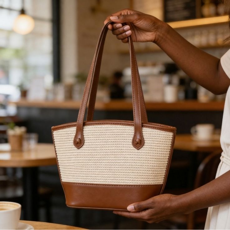 PU Leather & Rattan Woven Tote Bag – Women's Straw Handbag with Shoulder Straps – 31 × 14 × 24 cm