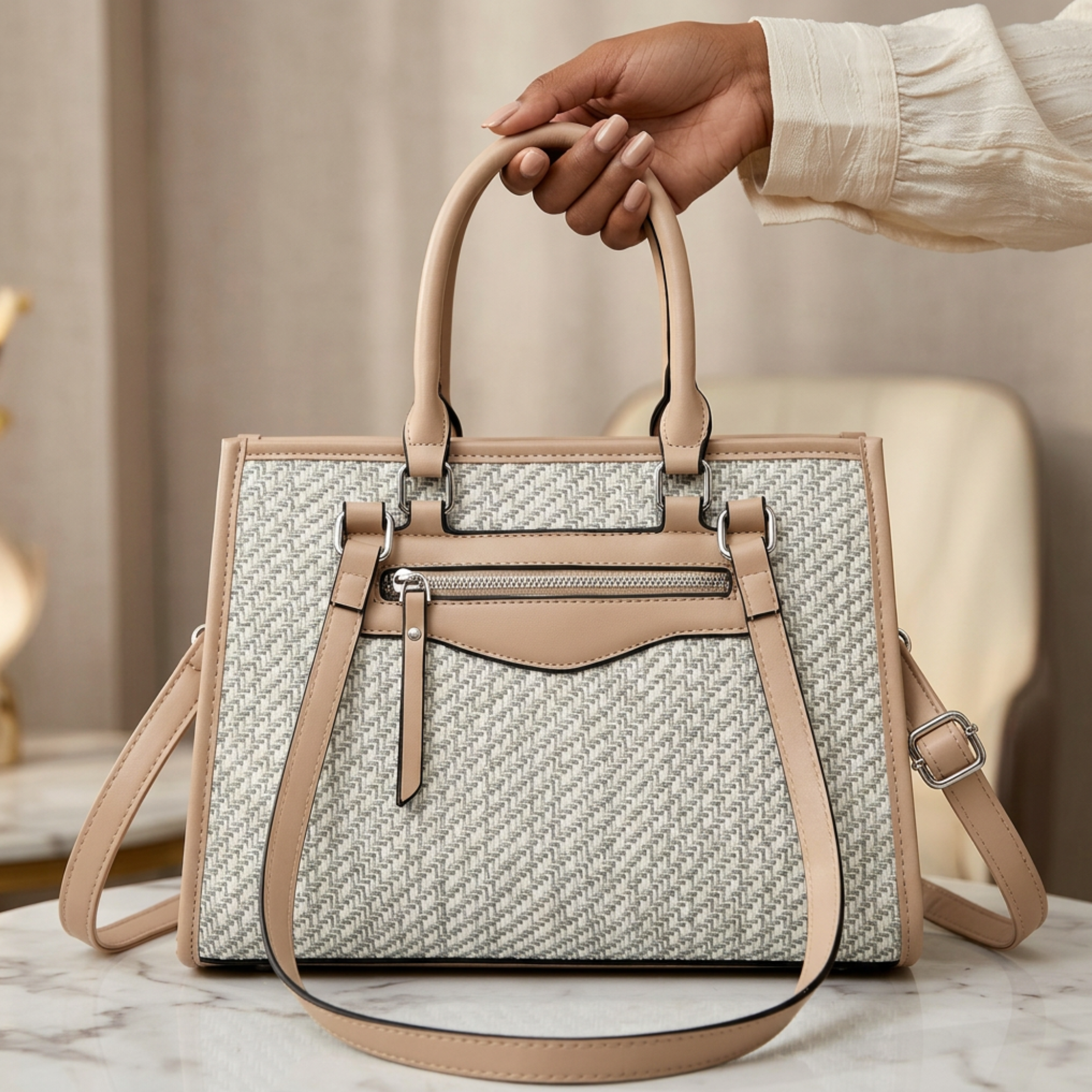 Elegant Rattan Woven Tote Bag for Women/PU Leather Shoulder & Crossbody Handbag – 31 × 12 × 23 cm