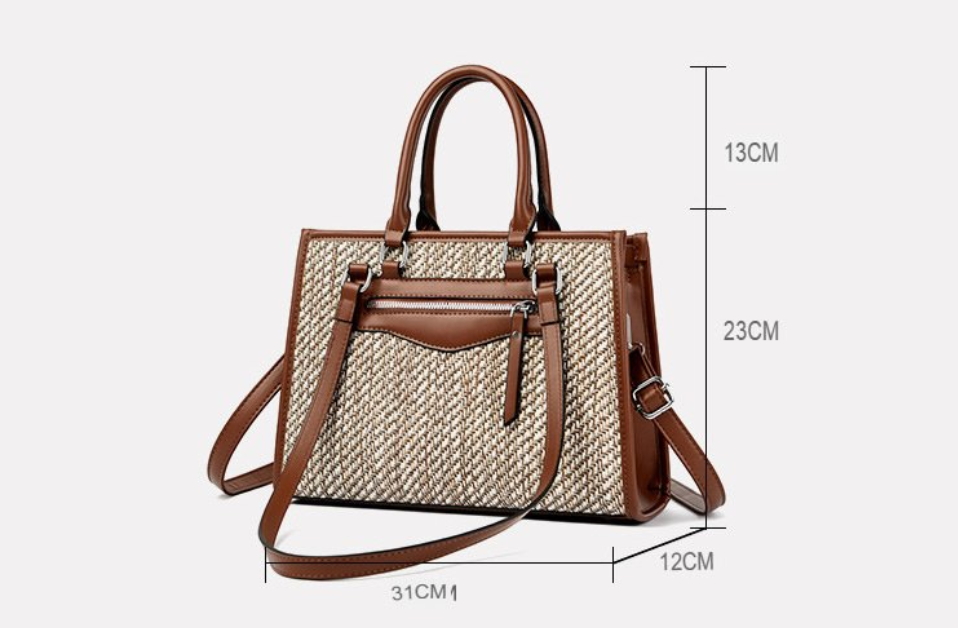 Elegant Rattan Woven Tote Bag for Women/PU Leather Shoulder & Crossbody Handbag – 31 × 12 × 23 cm