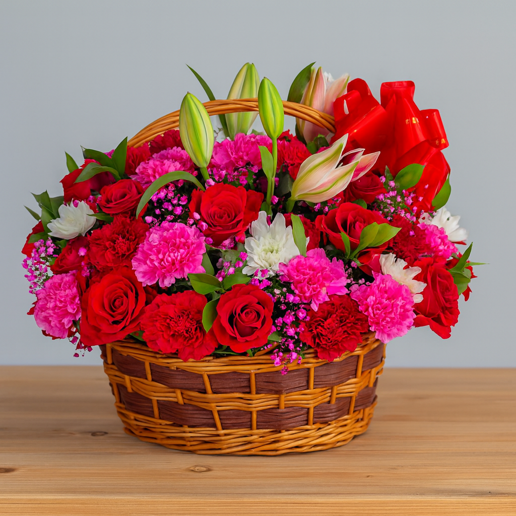 Red Roses and Pink Carnations Flower Basket