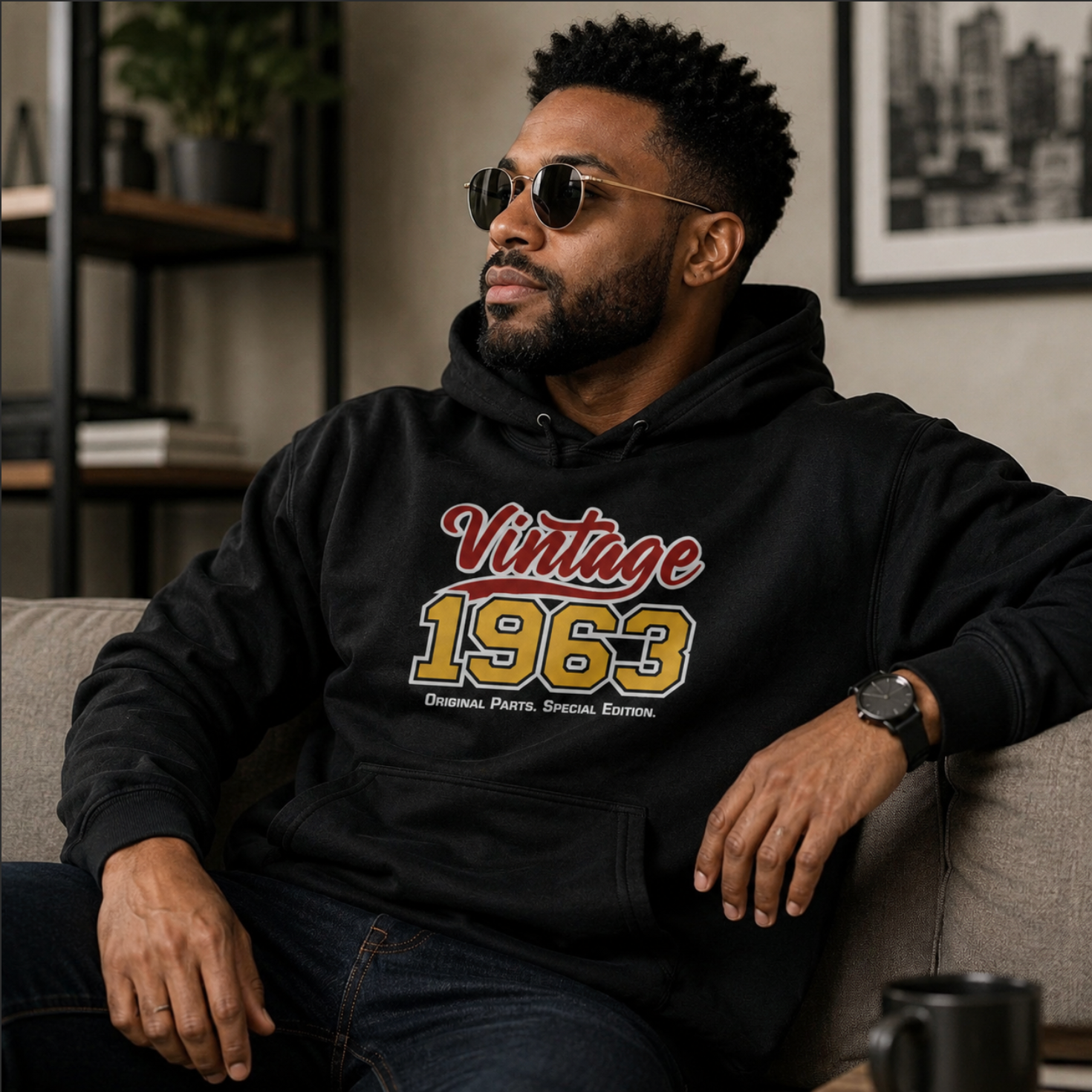Man wearing a black hoodie with 'Vintage 1963' text, sitting on a couch in a room.