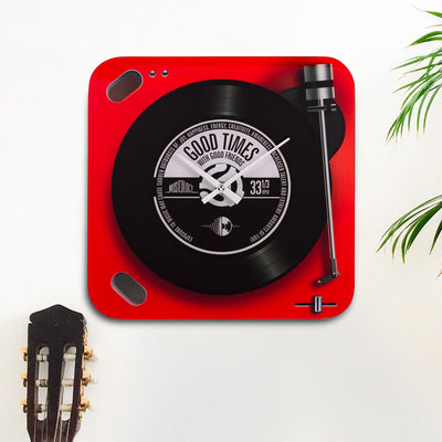 Red Record Player Glass Wall Clock
