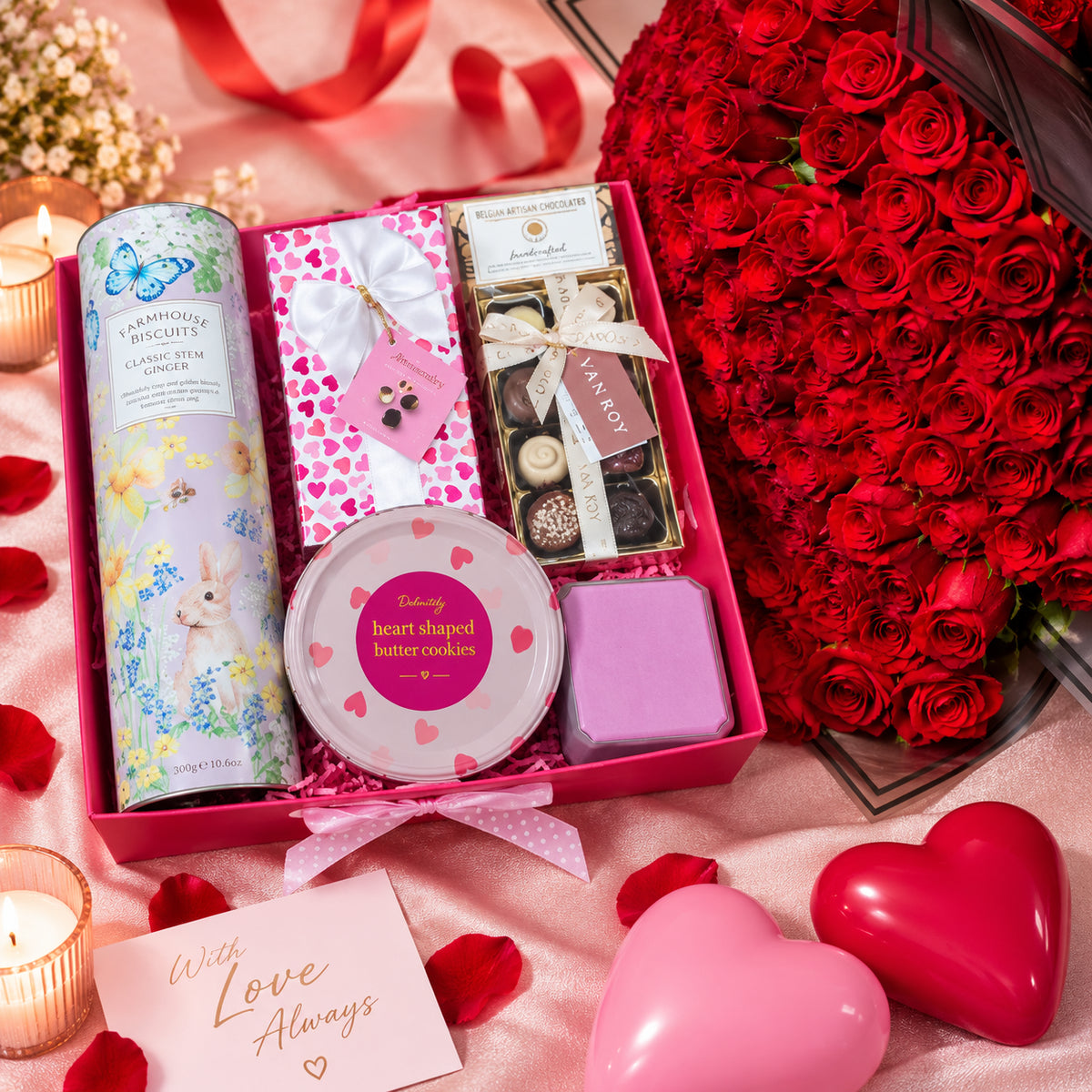 100 Red Roses & Chocolate Hamper With Necklace