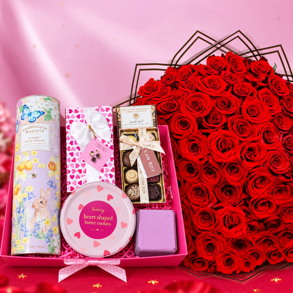 100 Red Roses & Chocolate Hamper With Necklace