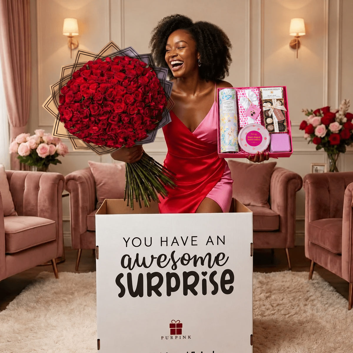 100 Red Roses & Chocolate Hamper With Necklace
