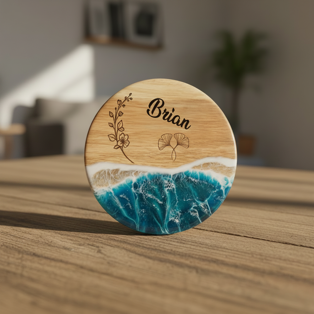 Round wooden coaster with blue resin design and engraved name on a white background