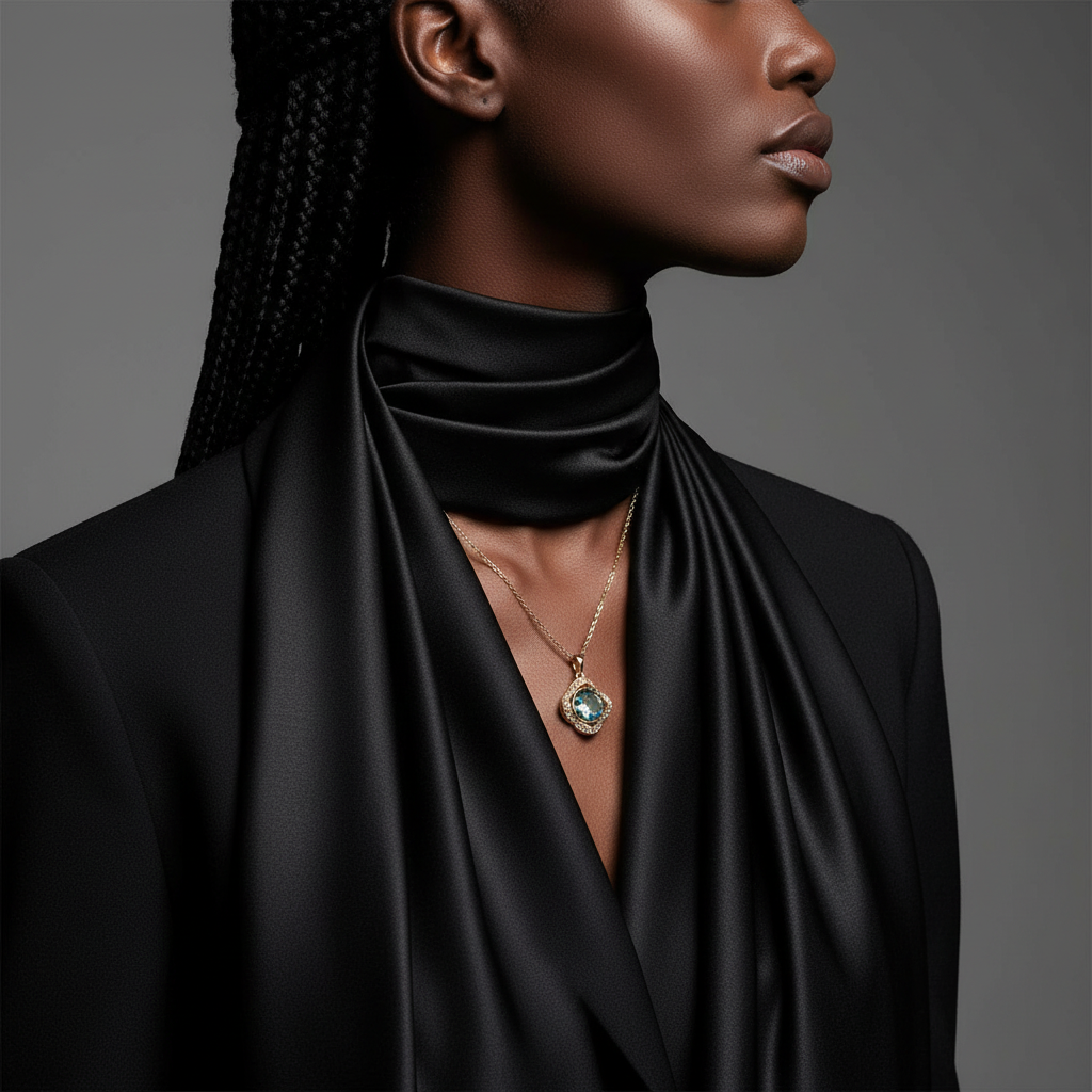 Woman wearing a black garment with a necklace against a gray background