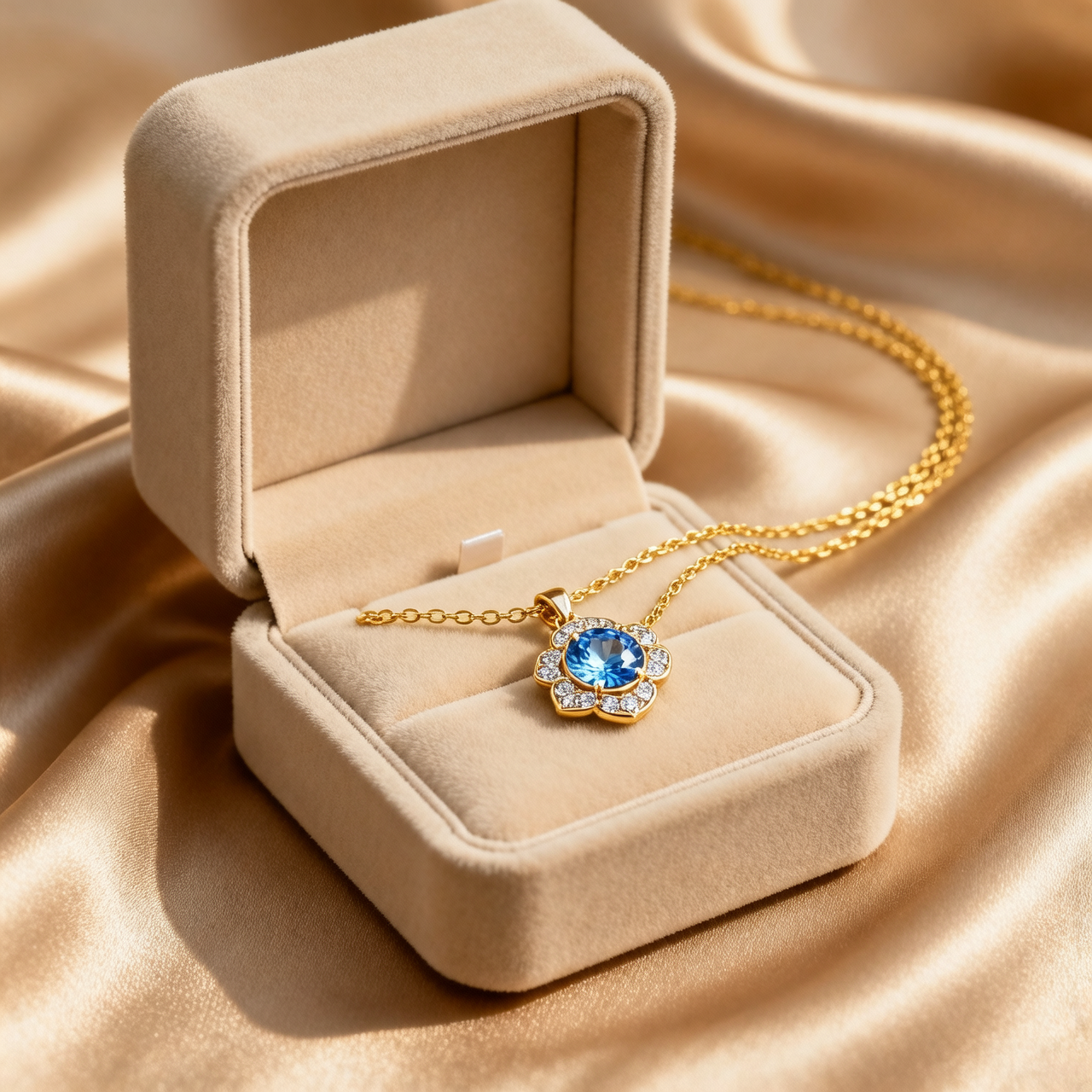 Gold necklace with a blue gemstone pendant in an open beige jewelry box on a beige fabric background