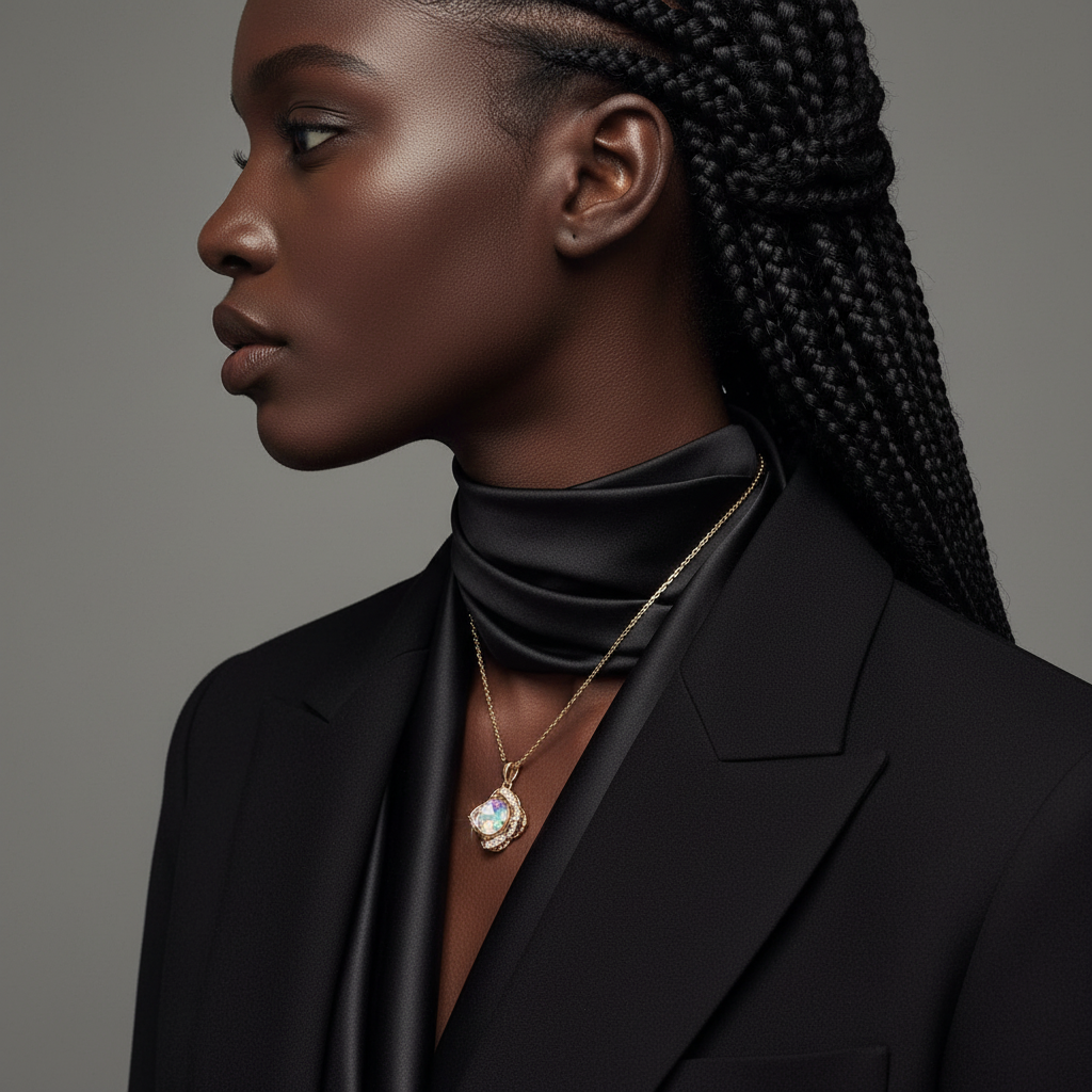 Woman wearing a black suit with a gold necklace against a gray background