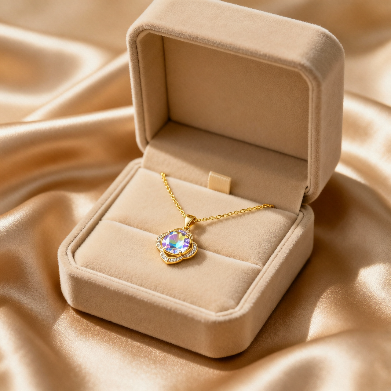 Gold necklace with a colorful pendant in an open beige jewelry box on a beige fabric background