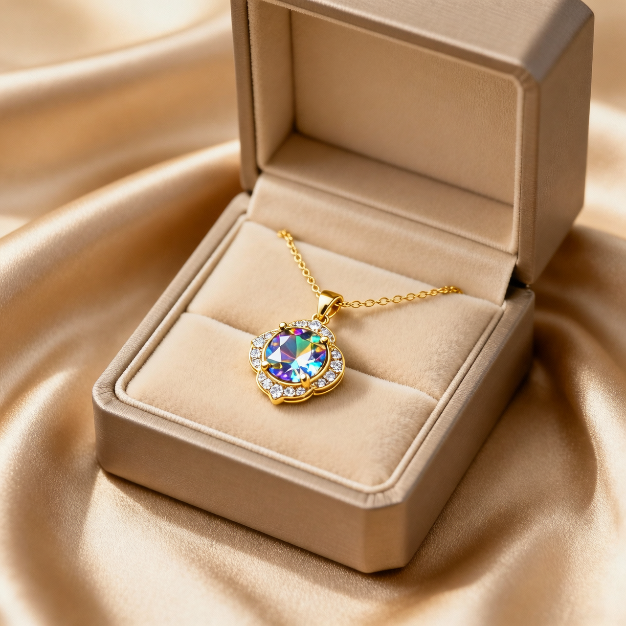 Gold necklace with a colorful pendant in an open beige jewelry box on a beige fabric background