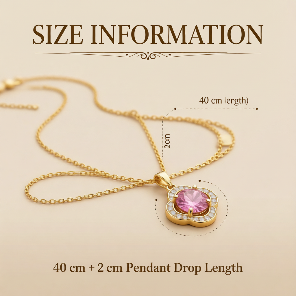 Gold necklace with a pink pendant and size information on a beige background