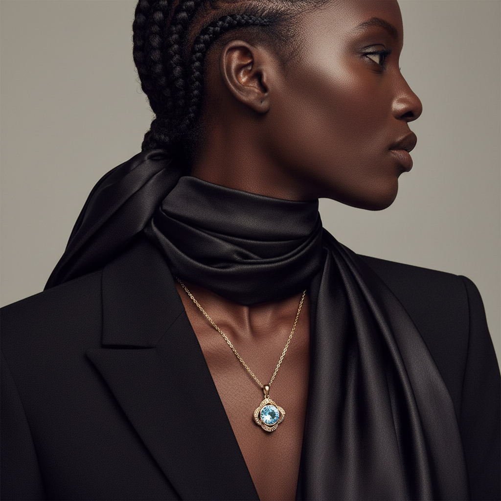 Woman wearing a black scarf and gold necklace with a blue gemstone on a neutral background