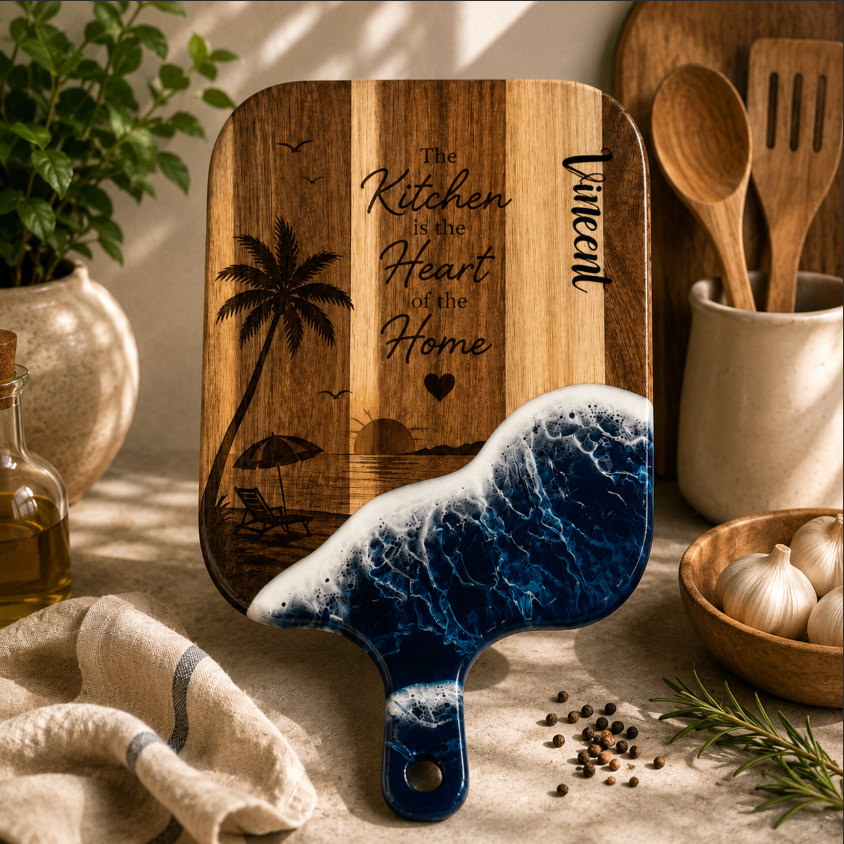 Personalised Acacia Wood Resin Chopping Board – Luxury Coastal Serving Board