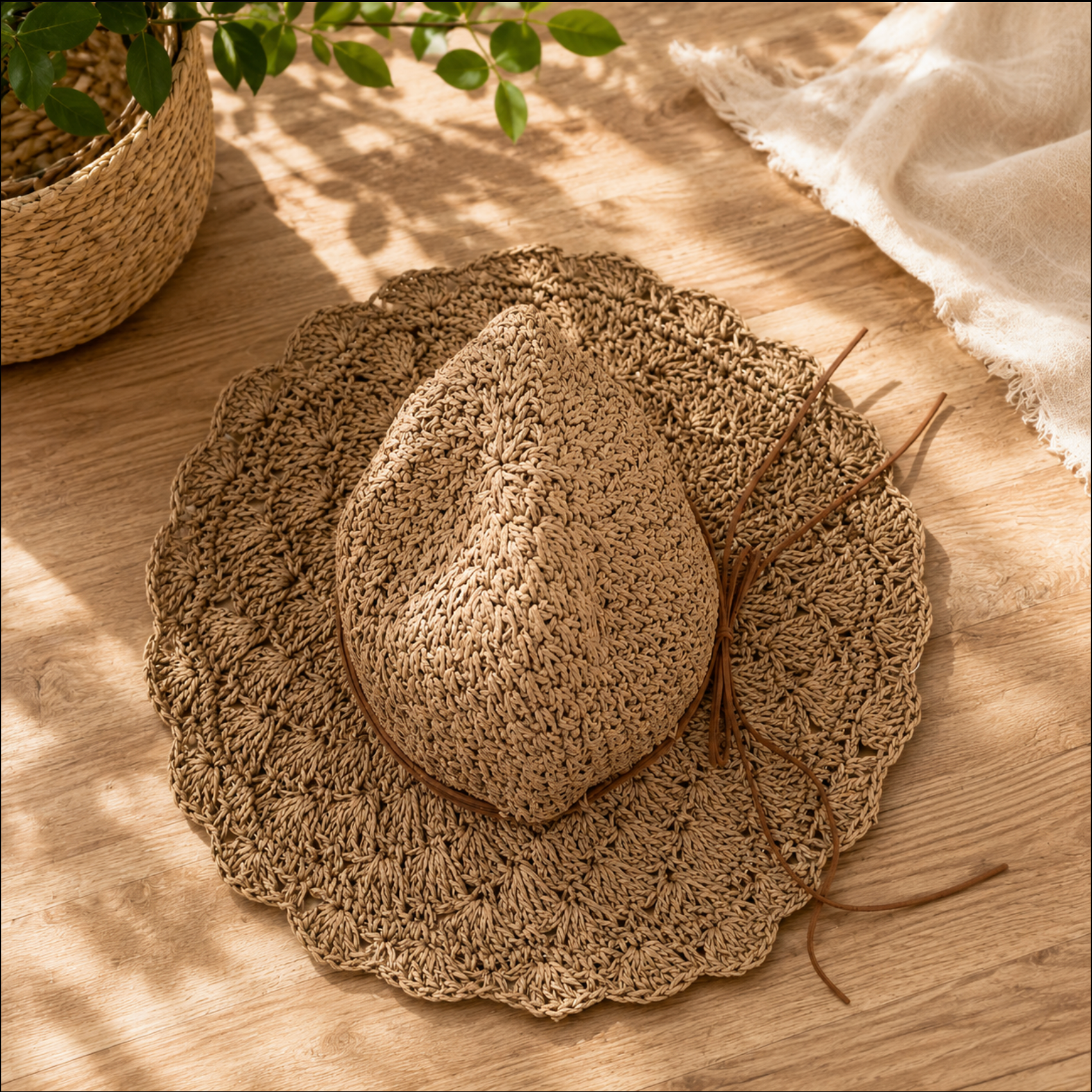 A woven straw hat with a wide, textured brim and a conical crown, styled on a light wood floor with dappled sunlight, a woven basket, and a cream fabric in the background.