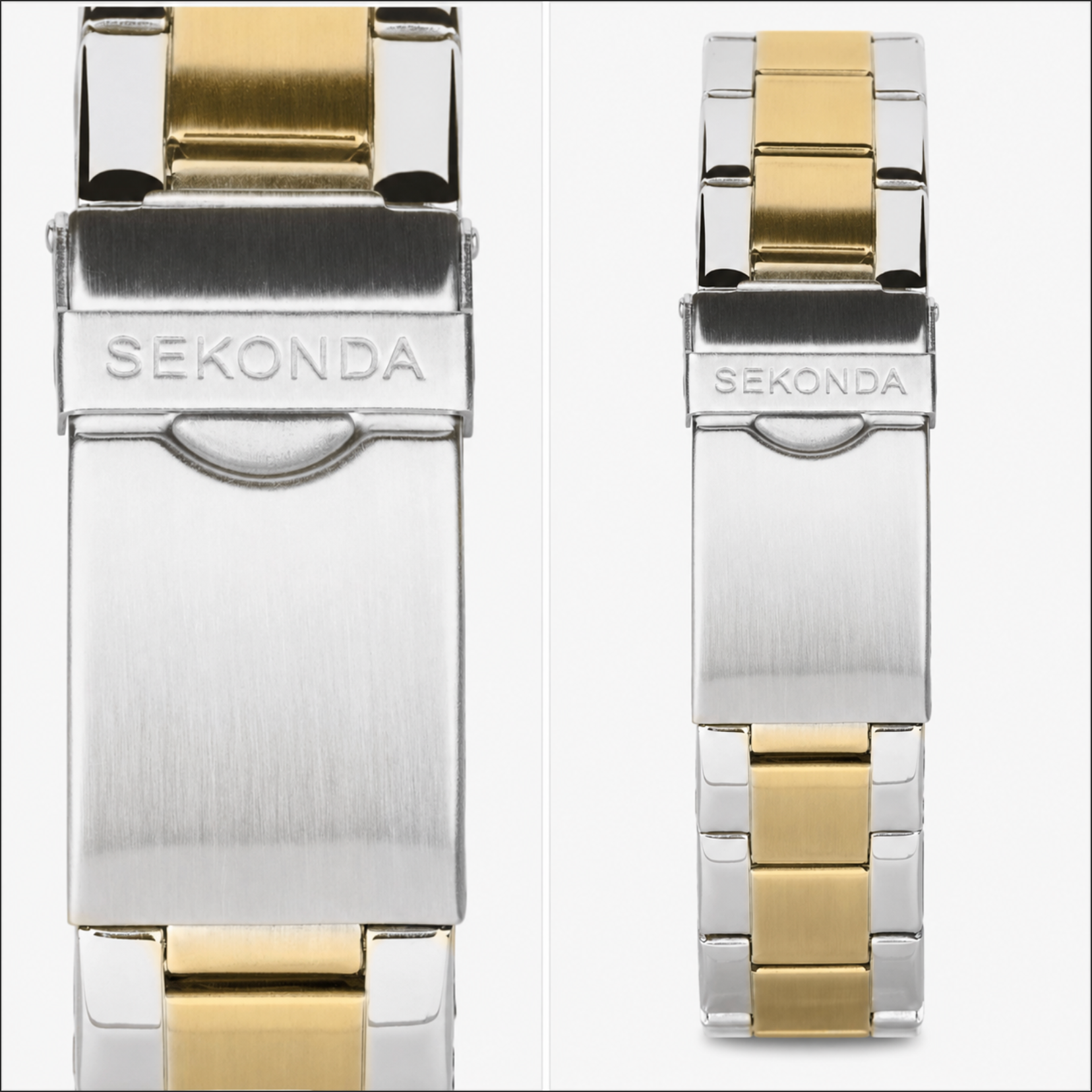 Two Sekonda watch straps, one silver and gold, the other gold and silver, on a white background.