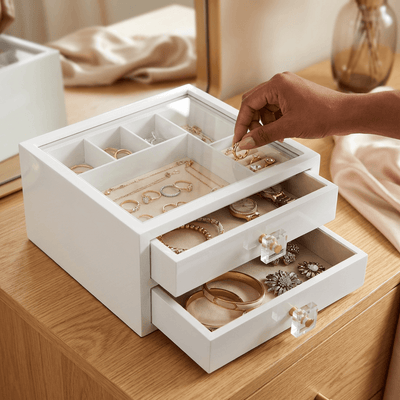 Elara Jewellery Chest with Glass Lid – Soft White
