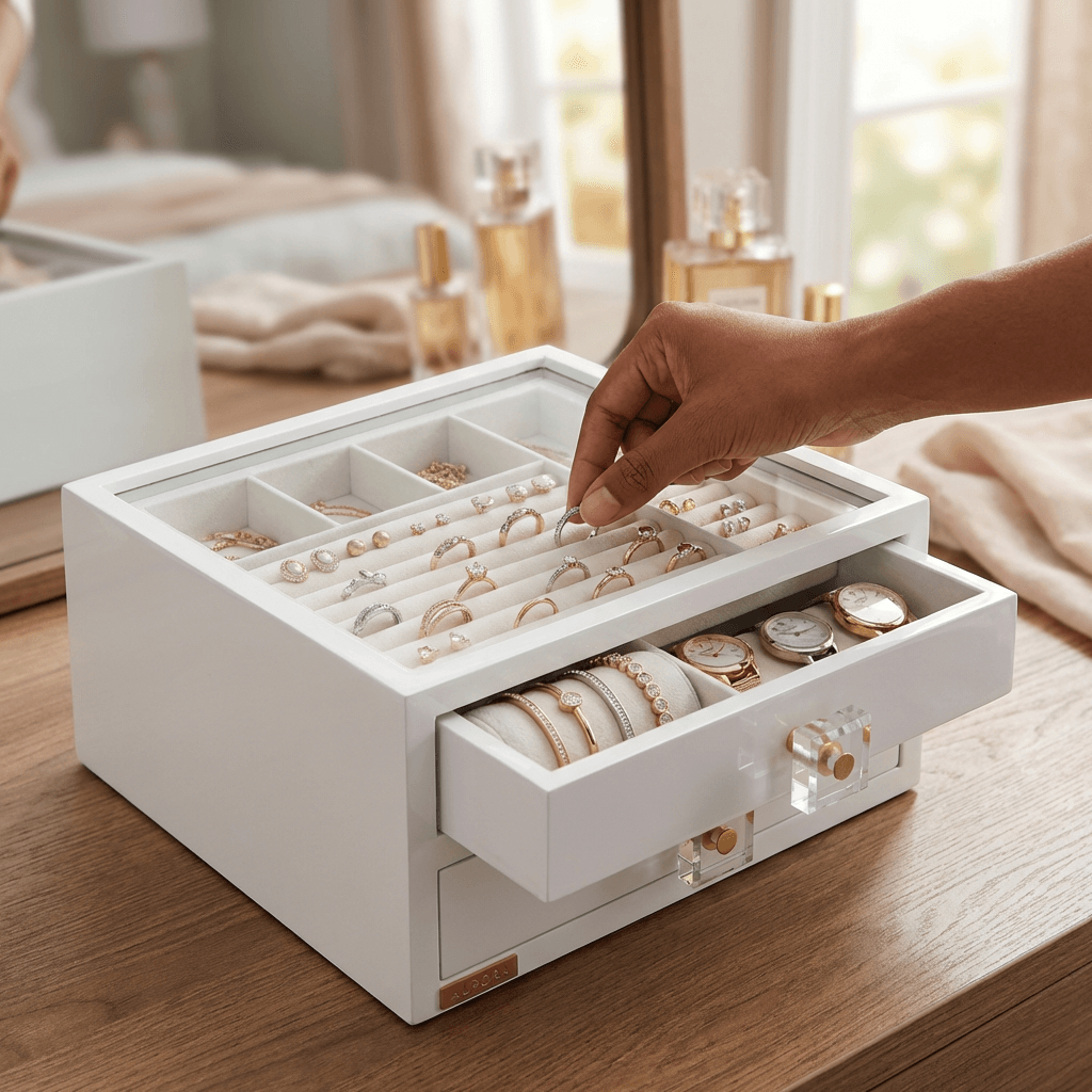 Elara Jewellery Chest with Glass Lid – Soft White