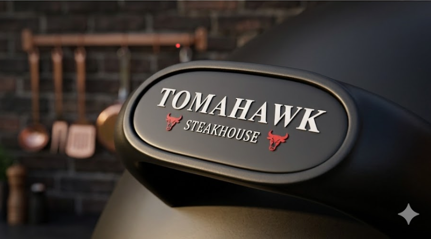 Tomahawk Steakhouse logo on a dark background with rustic decor.