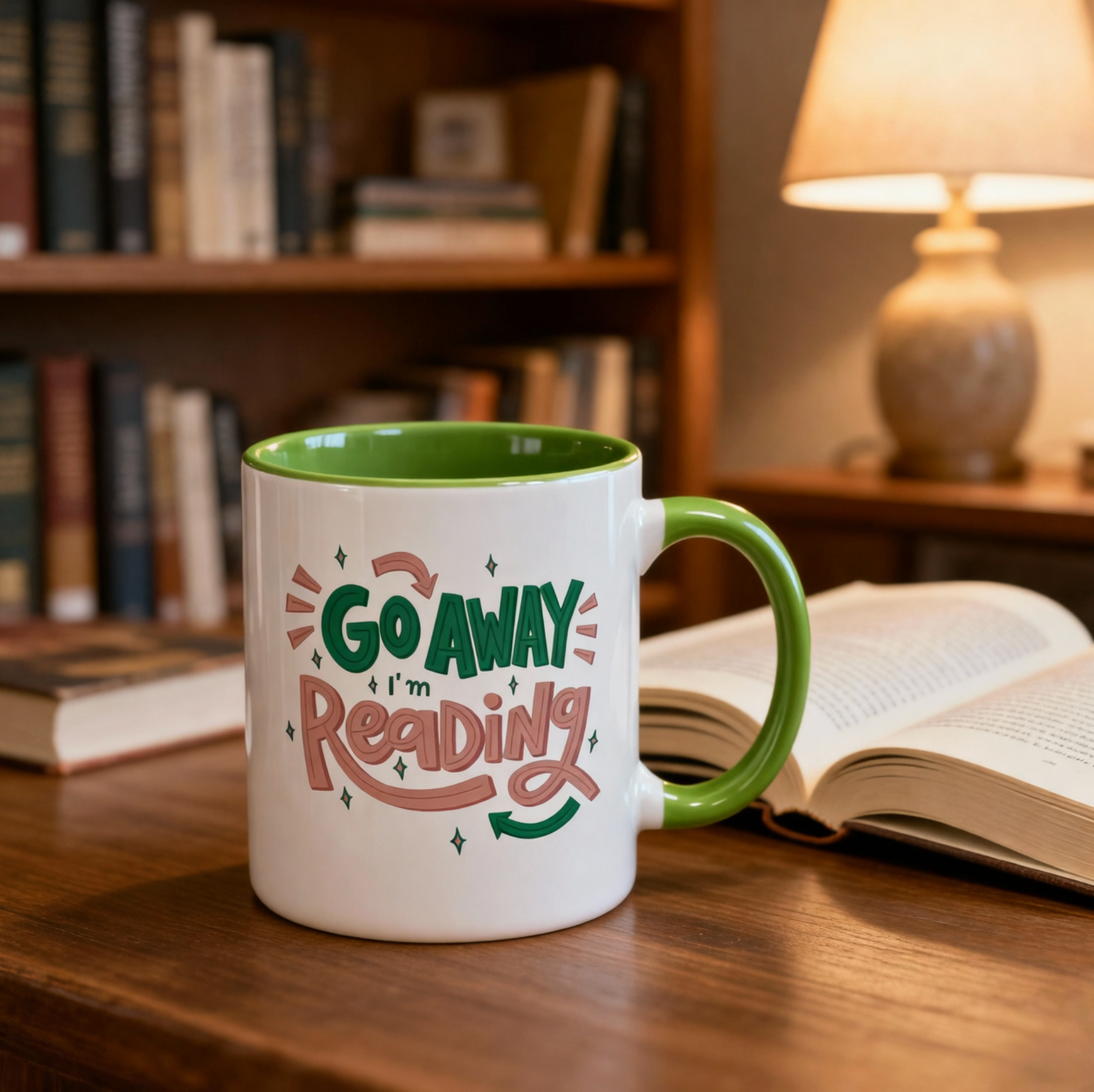 Go Away, I’m Reading Mug - 11 oz Inner Colour Ceramic Mug  (Light Green)