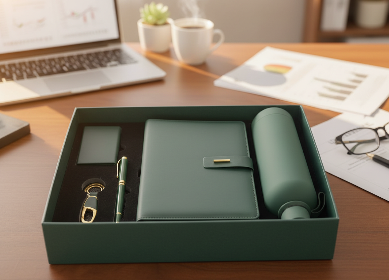 Green Executive Corporate Gift Set – A5 Notebook, Pen, 500 ml Bottle, Key & Card Holder