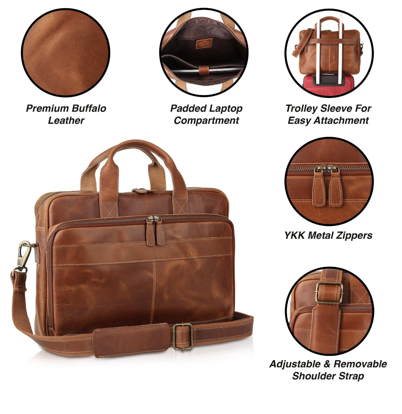 Genuine Leather Laptop Briefcase – Messenger Bag for Men with Adjustable Shoulder Strap – 40 × 10 × 30 cm