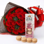 Seductive Red Roses Bouquet with Assorted Macarons