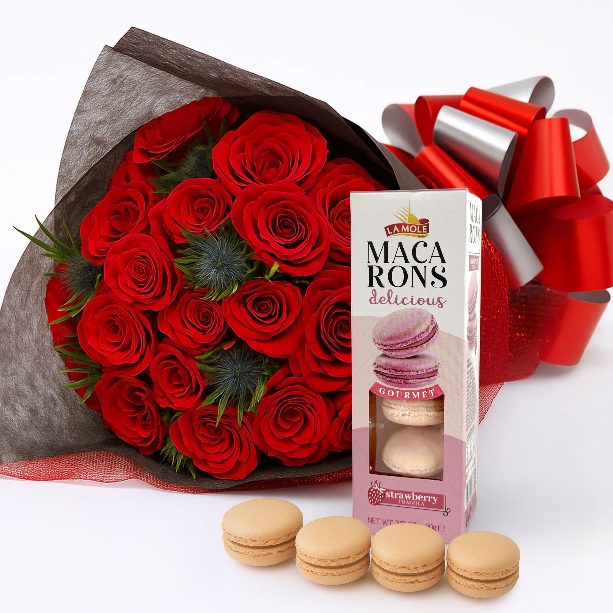 Seductive Red Roses Bouquet with Assorted Macarons