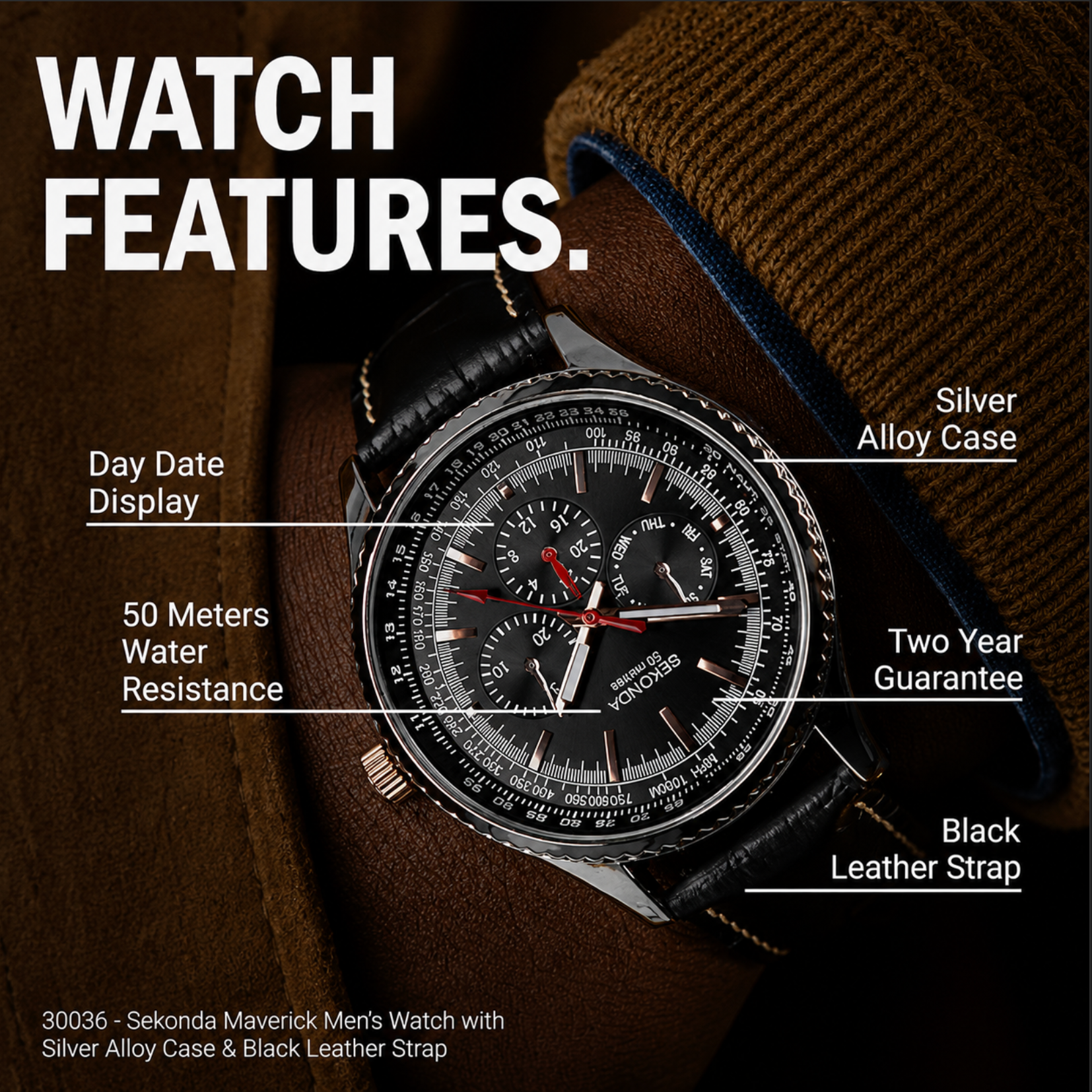 Watch with features highlighted on a dark background