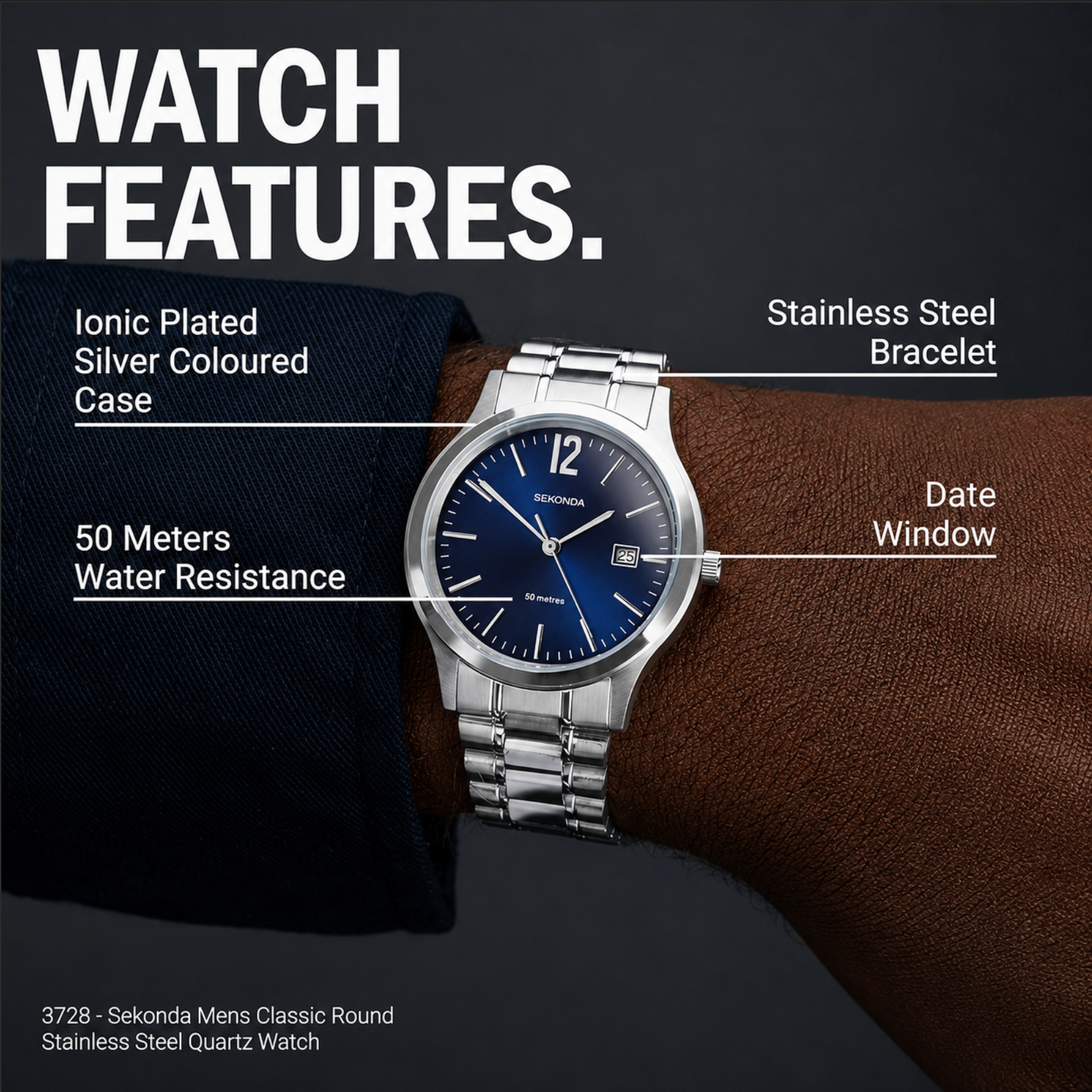 Sekonda Men's Classic Watch – Blue Dial & Silver Stainless Steel Bracelet (3728.71)