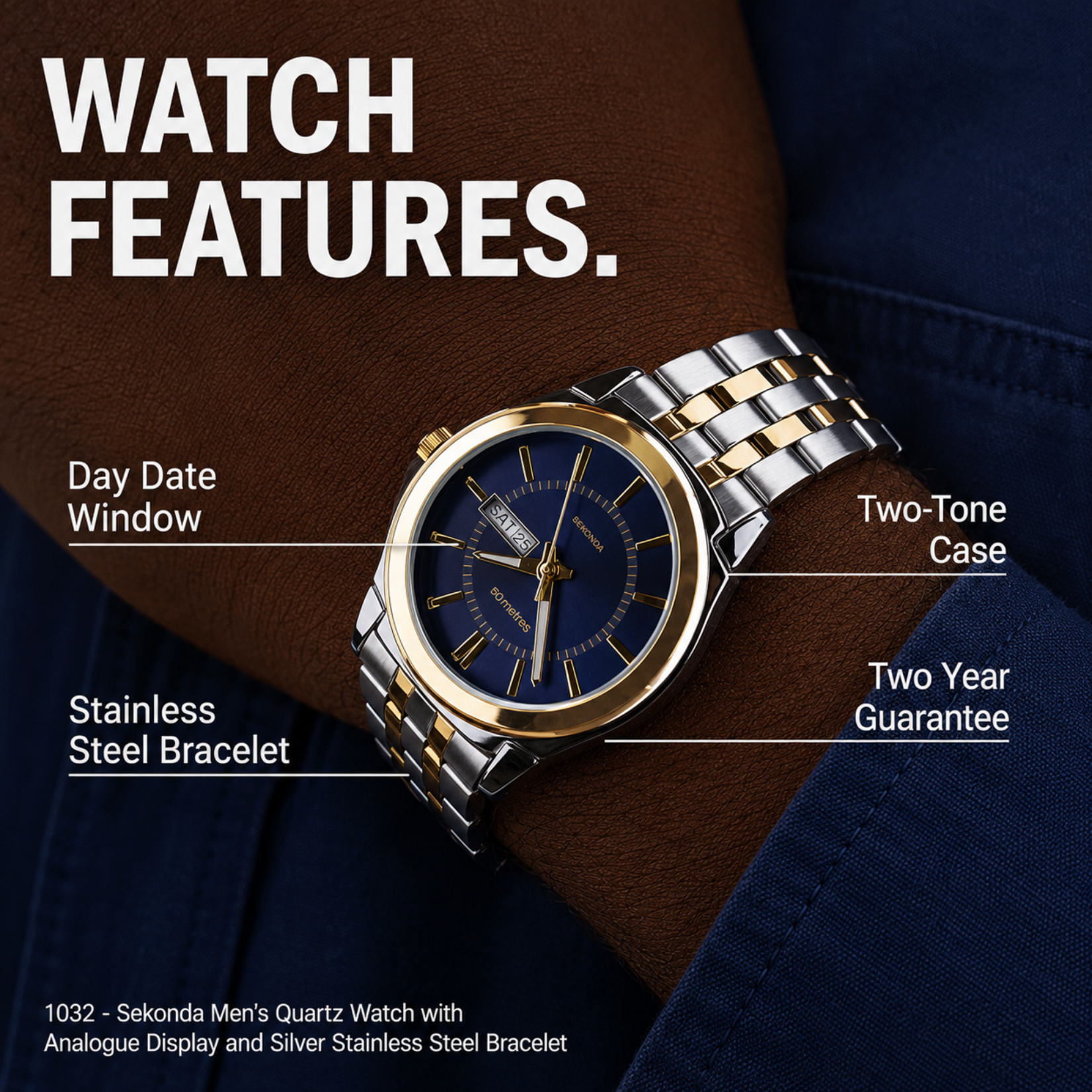 Watch on a wrist with features highlighted and text about the product.