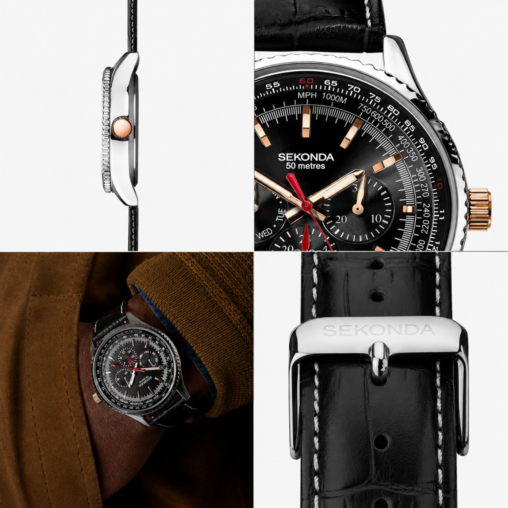 Collage of a Sekonda watch with close-up details on a white background