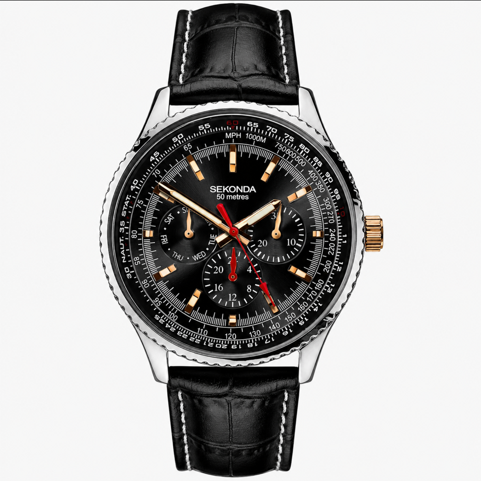 Sekonda watch with black leather strap and detailed face on a white background