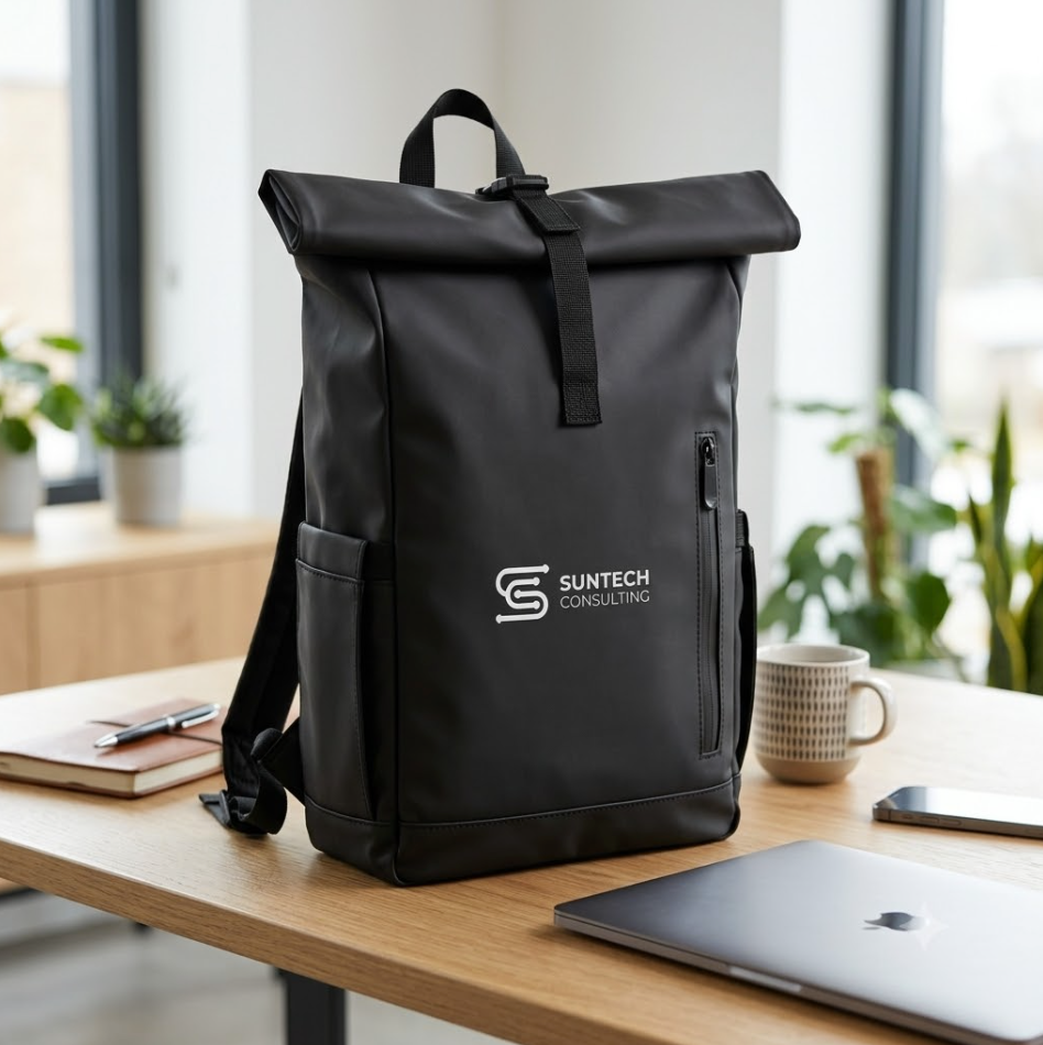 Black backpack with Suntech Consulting logo on a desk in an office setting