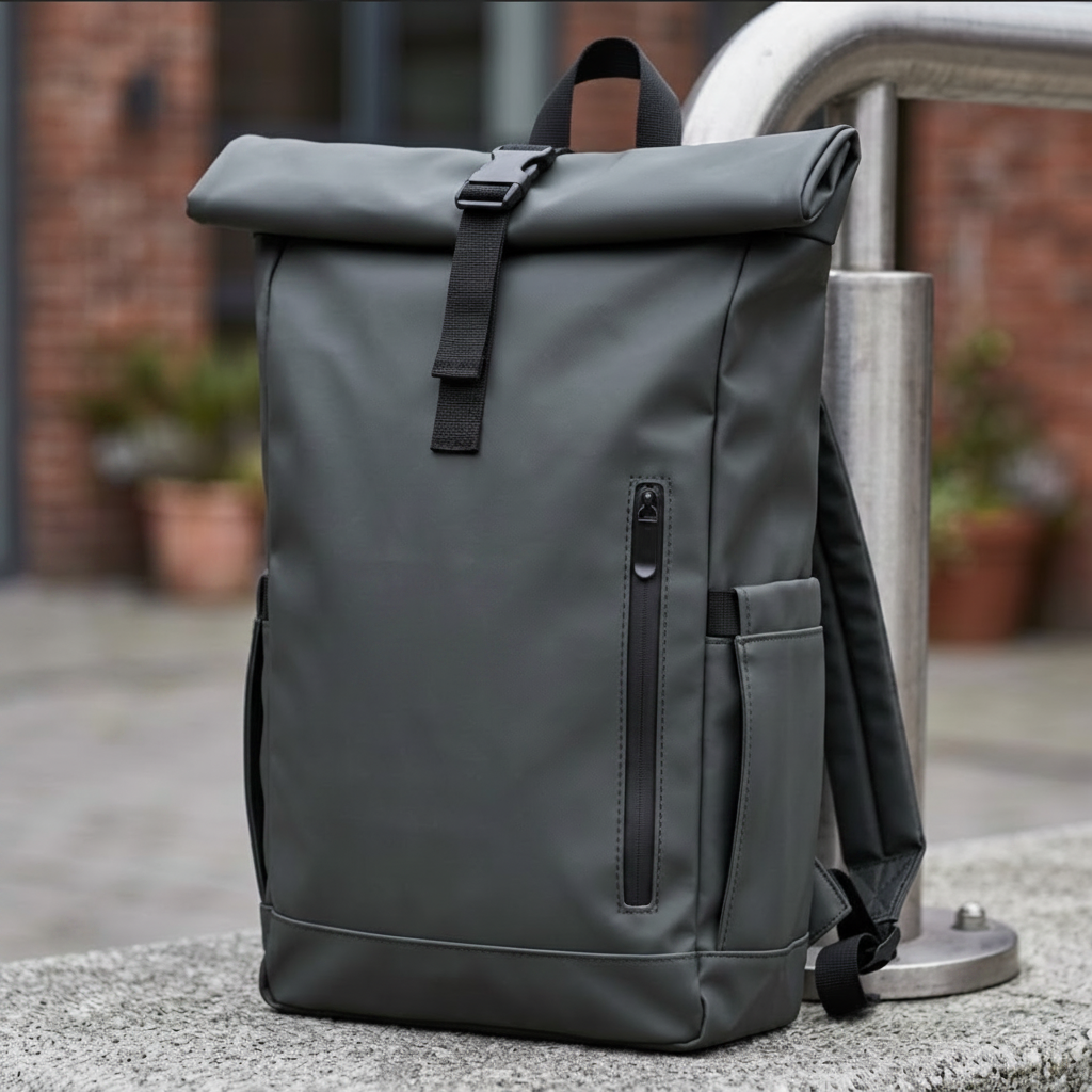Gray backpack with 'Forbright Bank' logo on a stone surface.