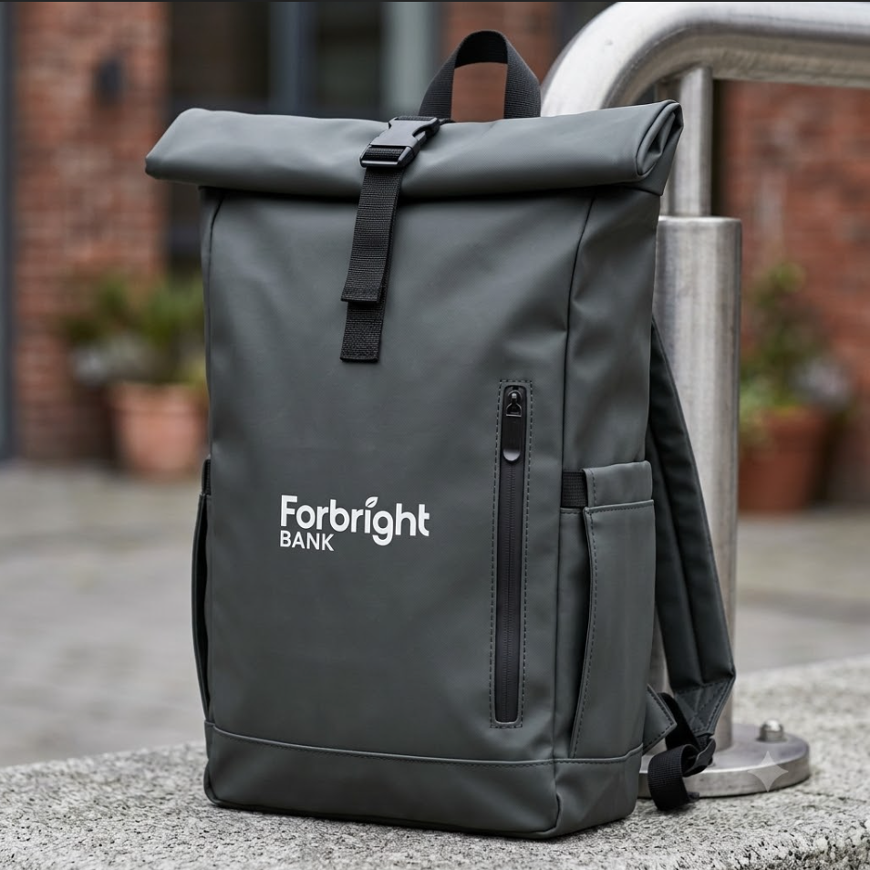 Gray backpack with 'Forbright Bank' logo on a stone surface.