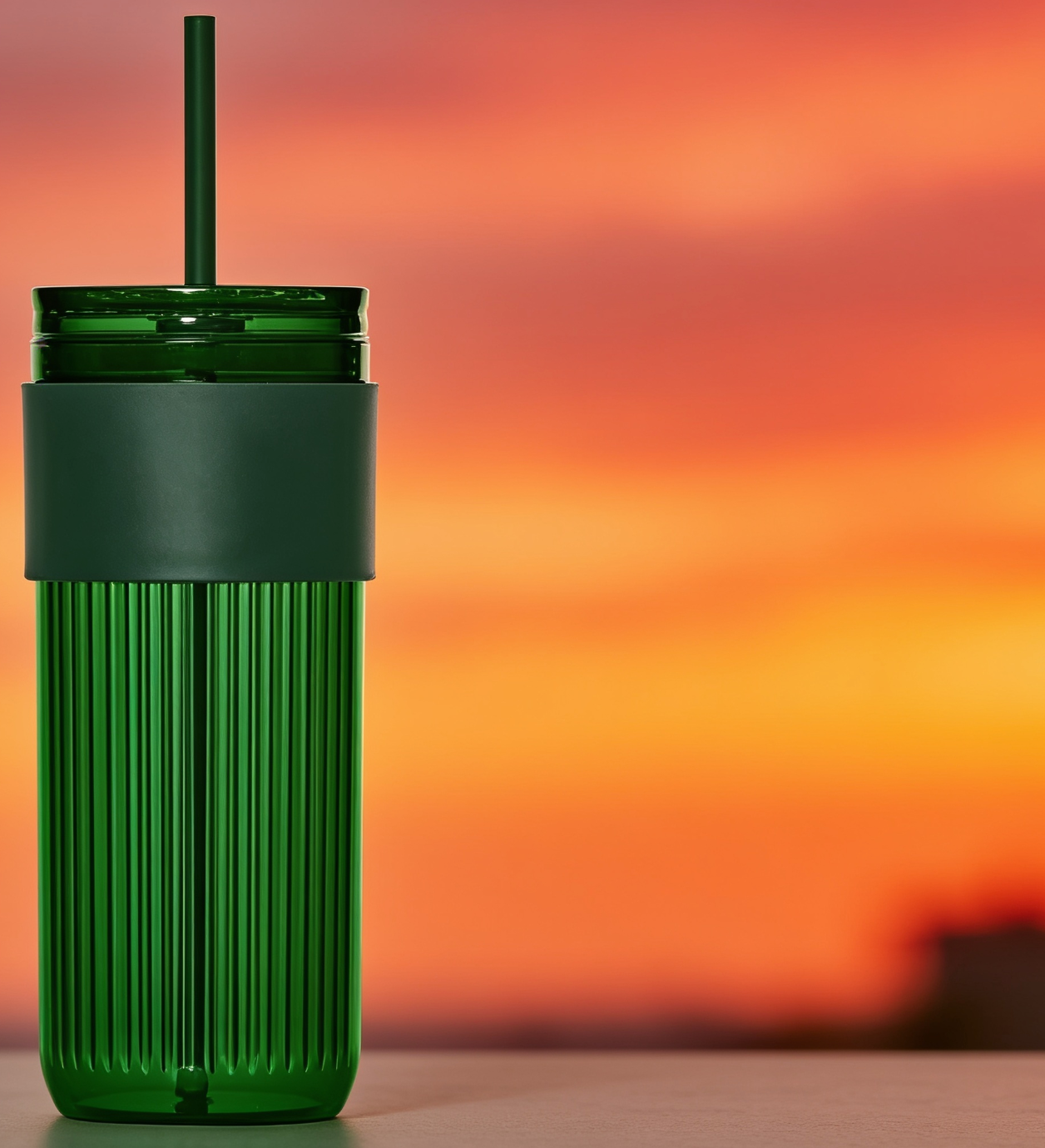Green tumbler with a straw against a sunset sky