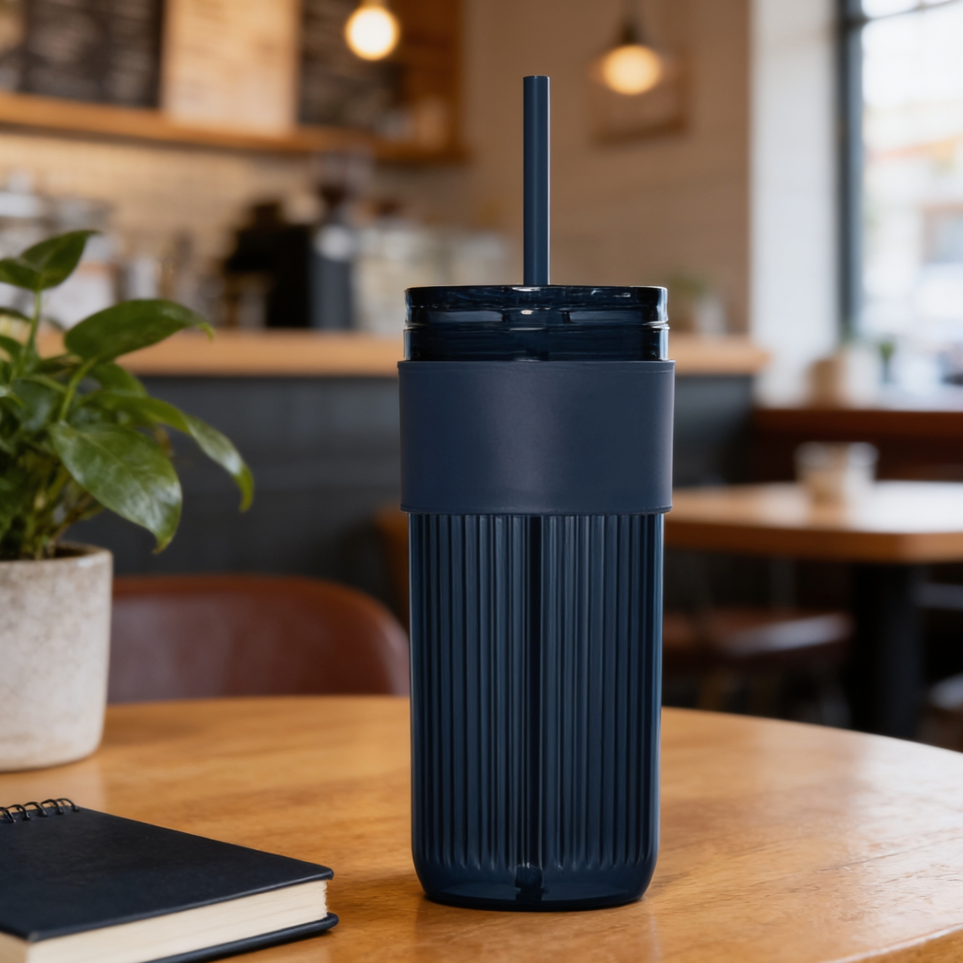 Dark blue tumbler with a straw on a wooden table in a cafe setting