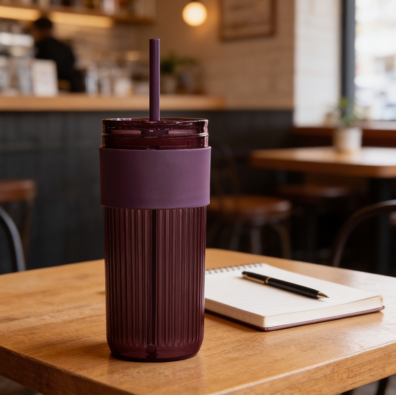 Purple tumbler with a straw on a wooden table in a cafe setting