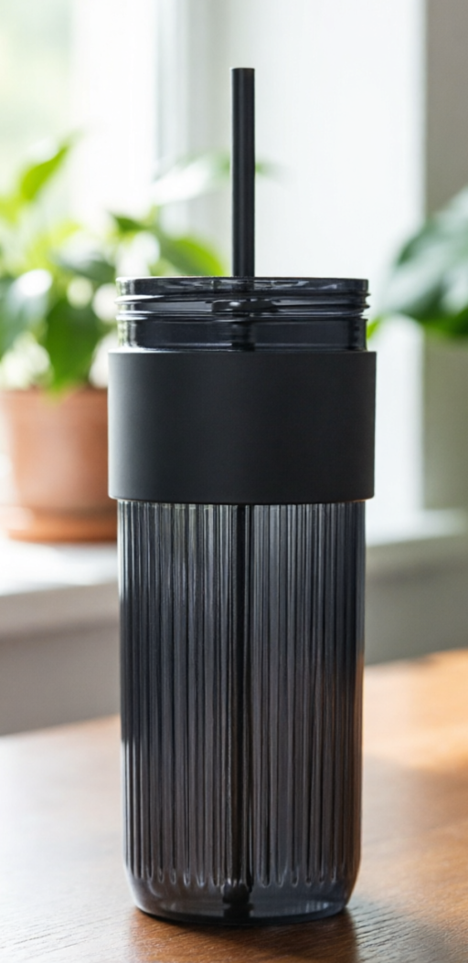 Black tumbler with a straw on a wooden surface with plants in the background