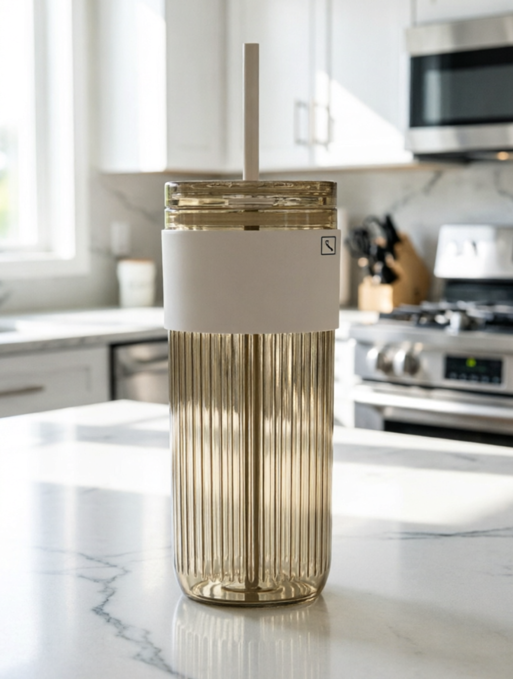 Clear glass tumbler with white lid on a kitchen counter