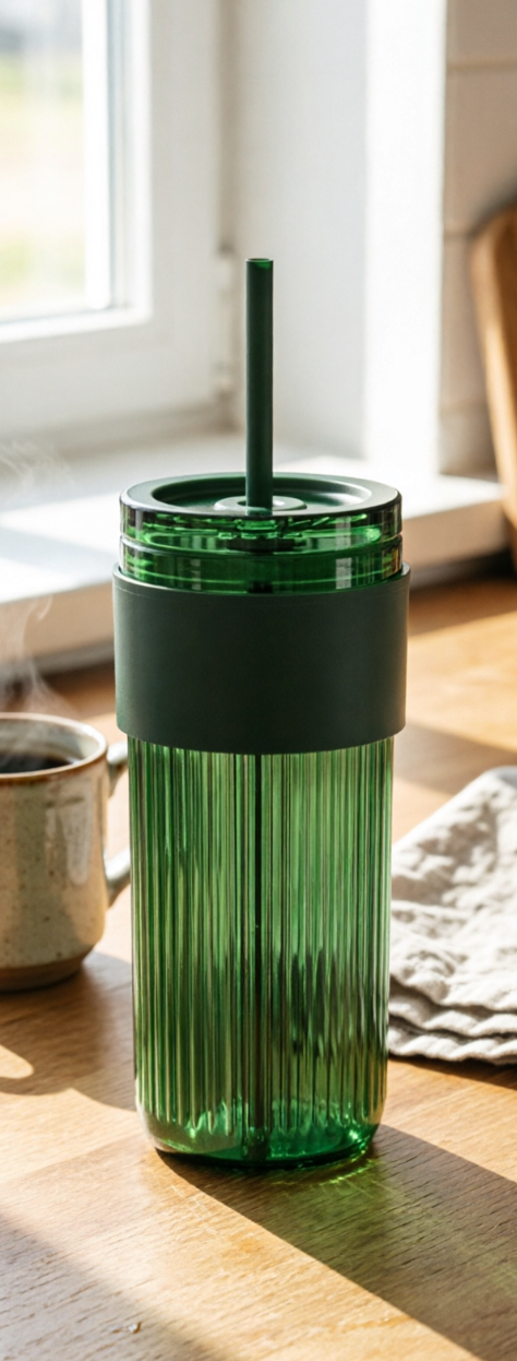 Green tumbler with a straw on a wooden surface near a window.